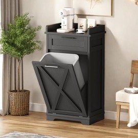 YITAHOME Tilt Out Trash Can Cabinet 10 Gallon, Kitchen Trash Recycling Cabinet with Drawer, Tilt-Out Hamper Trash Cabinet for Kitchen Island, 20.5" W x 14" D x 39" H, Black