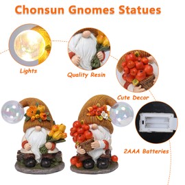 Chonsun 2PCS Garden Gnomes Statues Fall Gnome Decorations Outdoor Indoor Figurines Lights Fairy Garden Thanksgiving Home Decor
