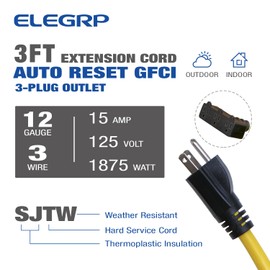ELEGRP 15A Auto Reset Inline GFCI Extension Cord 3ft 12/3 SJTW Heavy Duty Yellow Cable 3 Wires 3 Prongs Grounded Plug with 3 Electrical Outlets, Indoor and Outdoor Christmas Light,Broom Tail Design,UL