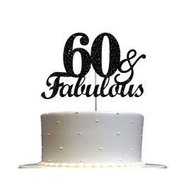 Fabulous & 60 decoraciones para tartas con purpurina negra, ideas de decoración para fiesta de 60 cumpleaños, decoración de alta calidad, brillo resistente de doble cara, palo acrílico. Fabricado en Estados Unidos