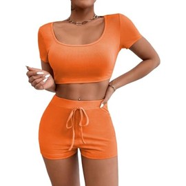 PrinStory Women Tracksuit Casual Women 2 Piece Lounge Sets With Short Sleeve Square Neck Top And Solid Color Short With Waist Tie (Orange, 3XL)