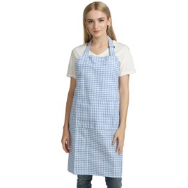 Vintage Gingham Kitchen Aprons Chef Bib Canvas Aprons Christmas Holiday Home Decorative 100% Pure Cotton Aprons in Large Size with Pockets Adjustable Neck Strap Long Ties Aprons(Blue)