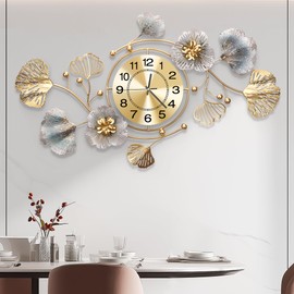 JXQXYN Clocks for Living Room, Large Wall Clock, 3D Silent Wall Clock, Retro Metal Ginkgo Leaf Design, for Bedroom Kitchen Decorative Wall Clocks（35''x20'' ）