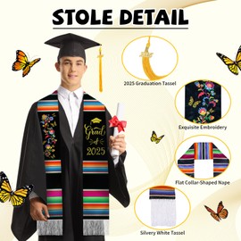 Molsfved Mexican Embroidery Graduation Stole Class of 2025, Hispanic Mexican Graduation Sash for Adult Unisex