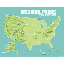 Best Maps Ever US National Parks Checklist Map 11x14 Print (Green & Turquoise)