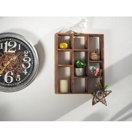 SOFE Small Brown Wood Shadow Box with Shelves, 3 Tier Wall Shelving Unit, 9-Compartment Wall Mounted Curio Cabinet, Knick Knack Display Shelf, Floating Cube Shelves for Wall, Shot Glass Display Case