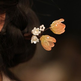 Wooden Hair Pin, Chinese Qipao Cheongsam Hanfu Hair Stick Hair Chopstick, Handmade Flowers Hairpin for Long Hair Buns (Orange Red)