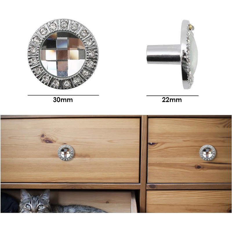 10 x Silver Tone 30mm Rhinestone Drawer Knobs for Cupboard