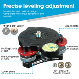 VERTECFOTO 【Upgraded+】 Tripod Leveling Base :Support 1/4" and 3/8" Both on top and Bottom， Bigger Bubble Level w/Crosshair, Fine Leveling Faster; Enlarged Lock knobs, Lock Easier,; Max Load 33 Ib