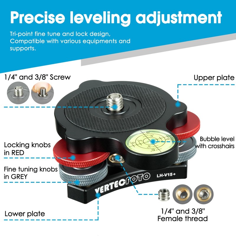 VERTECFOTO 【Upgraded+】 Tripod Leveling Base :Support 1/4" and 3/8" Both