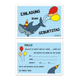 Children's Birthday Shark Invitation Cards Boys Birthday Invitation Birthday Invitation Children Shark – Set of 10 – Illustration – 14.8 x 10.5 cm