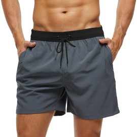 VIESS Traje de Baño Hombre Estampado Bañador Corto, Trajes de Baño de Playa de Secado Rápido con Forro de Mallas,Pantalones de Playa con 3 Bolsillos (MX/US, Alfa, Grande, Regular, Regular, Gris y negro)