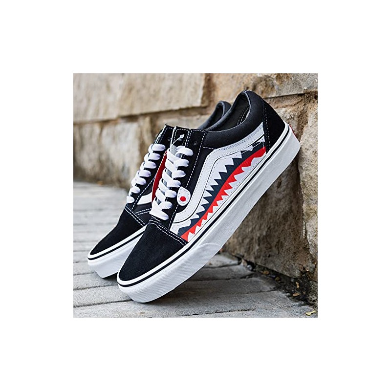 Black Old Skool x Shark Teeth Pattern Custom Handmade Shoes