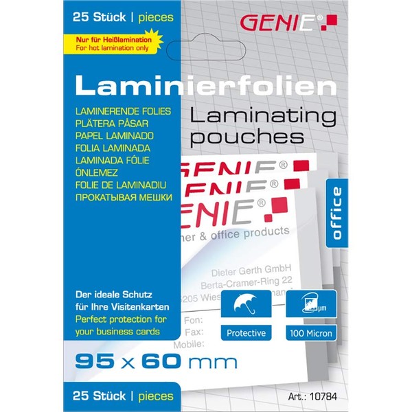 Genie 10784 Laminating Pouches (Crystal Clear, 100 Micron for up to Business Card Formats, Suitable for All Hot Laminating Devices, 95 x 60 mm) Pack of 25