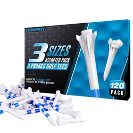 CHAMPKEY Professional 3 Prongs Golf Tees 120 Pack (Including 30 * 83mm/ 50 * 70mm/ 40 * 38mm) Low Friction and Resistance Golf Plastic Tees (White)