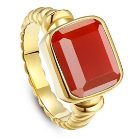Phyonio Carnelian Ring Women's 14K Gold Plated Chunky Rings with Emerald Cut Carnelian Stainless Steel Signet Ring Red Stone Statement Band Ring Size 7