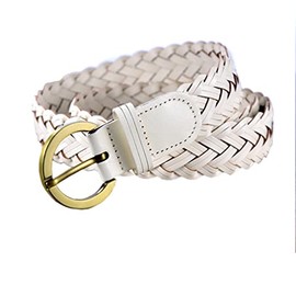 AOYEBOME Women Leather Braided Belts for Dress 3.5CM/1.4 Inch Wide Hand Made Girls Woven Wasitbands with Golden Pin Buckle, White, Suit Waist 23"-41"