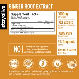 StayAlive Pure Ginger Root Extract Capsules - 10:1 Super Extract, Equivalent to 10000mg - Herbal Supplement for Heart, Digestive & Immunity Support - 120 Counts for 2 Months