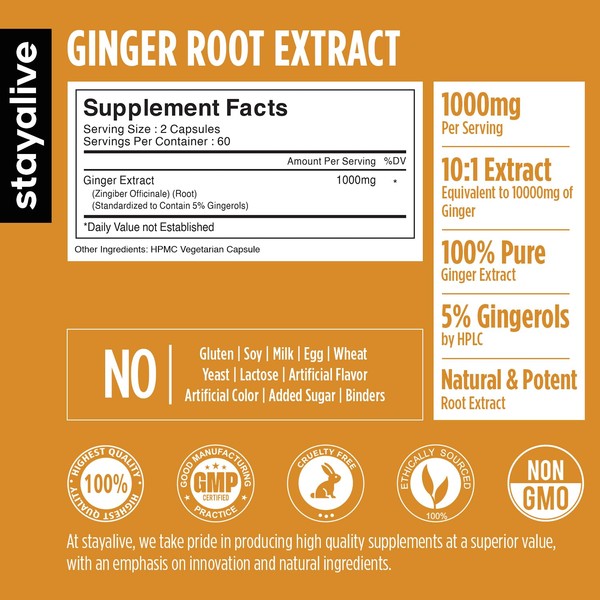 StayAlive Pure Ginger Root Extract Capsules - 10:1 Super Extract,