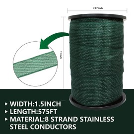 EhuI Portable Electric Fence Poly Tape 575feet Length,1-1/2inch Width,8 Strands of Stainless Steel Wire, 1 Spool - Dark Green
