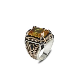 Vintage Style Men's Ring, Emerald Cut Citrine Gemstone, Sterling Silver with Black Onyx Accents (8)