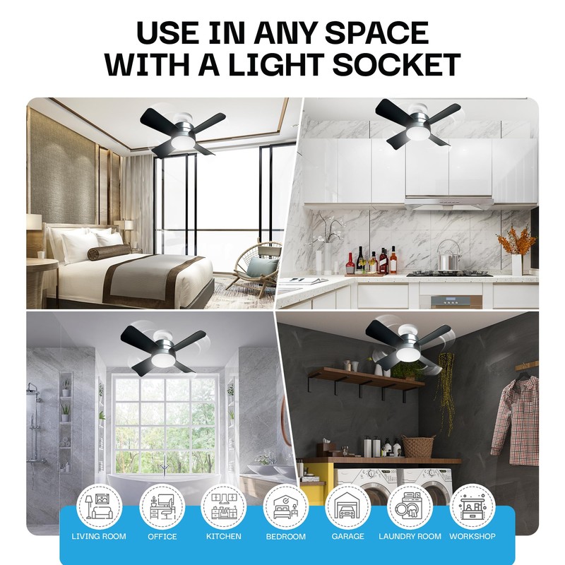Bell+Howell Socket Breeze Deluxe, Small Ceiling Fan with LED Light