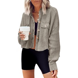 Panadila Women's Cropped Waffle Knit Shacket Short Button Down Jacket Batwing Sleeve Shirts with Pocket(Dusty Khaki,XL)