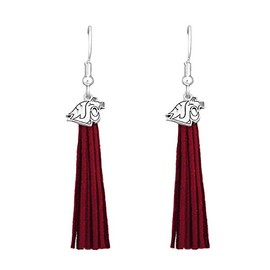 Washington State Cougars Red Leather Tassel Silver Charm Earring Jewelry Gift WSU