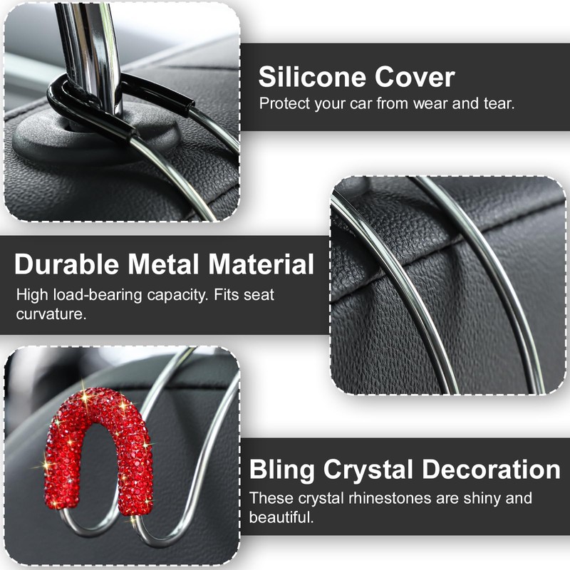 Soleebee 2 Pack Bling Car Headrest Hooks Crystal Rhinestones Universal
