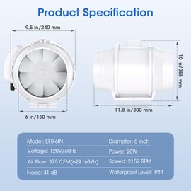 Tesansi 6 Inch Inline Duct Fan with EC Motor - High Performance 375 CFM Inline Booster Duct Ventilation Exhaust Fan for Bathrooms, Kitchens & Grow Tent Hydroponics, 3D Printer
