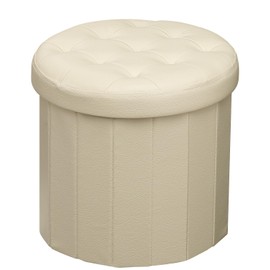 Bsketa Folding Storage Ottoman Round 14Inch, Foot Stool with Thicker Foam Padded Seat Small Leather Storage Ottoman Bench Foot Rest for Living Room Foldable Coffee Table, Beige