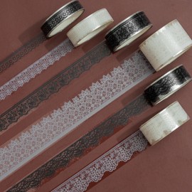 KAVI' S 6 Rolls Lace Pattern Washi Tape Set, PET Masking Tape, Decorative Tape for Scrapbooking, Gift Wrapping, Holiday Decoration (Black and White)