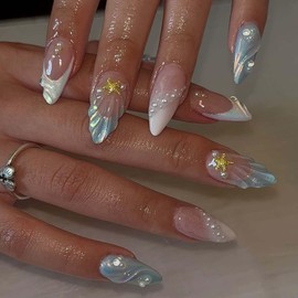 Summer Press on Nails Almond Ocean French Tip Fake Nails 5D Embossed False Nails with Shell Star Designs Pearl Full Cover Acrylic Nails Mermaid Glue on Nails Glossy Blue Stick on Nails for Women