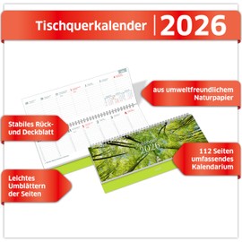 PRIMUS PRINT Desk Calendar 2026 Landscape Weekly Calendar - 112 Pages Appointment Calendar and Annual Calendar - 297 x 130 mm - 75 g Natural Paper, Wire Comb Binding, Holidays and School Holidays