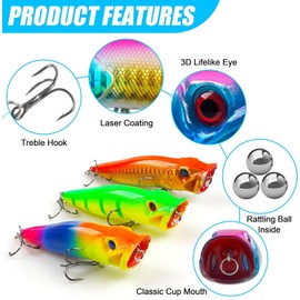 Fishing Lure Topwwater Fishing Popper Lure with Sharp Treble Hooks Shallow Deep Diving SwimBaits Minnow Crankbait Jerkbait Float Lure Fishing Plug Offshore (3.54in/0.42oz-8pcs)