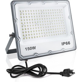 Indmird 150W LED Flood Lights Plug in, Outdoor Security Lights Fixtures 6500K 15000LM Illumination, IP66 Waterproof White Lighting for Ball Ground, Parking Lot, Pathway, Yard (1 Pack)