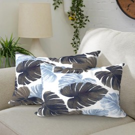 DYTXIII Pack of 2 Outdoor Waterproof Lumbar Pillow Covers ONLY, Rectangle Decorative Double Printed Pillow Cases for Patio Couch Porch Chairs (12 x 20 in,Monstera Blue)