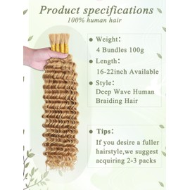 KULYMUWIG Blonde Human Braiding Hair for Boho Braids Deep Wave 18 Inch 100 g 4 Bundles Bulk Human Hair for Braiding No Weft 10A Curly Human Hair Extensions Wet and Wavy Color 27
