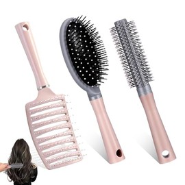 Cepillo de Pelo 3 Piezas para Mujeres, Hombres y Niños – Cepillo Redondo, Cepillo Arco y Cepillo de Airbag – Ideal para Cabello Rizado, Seco o Mojado – Antinudos, Rosa