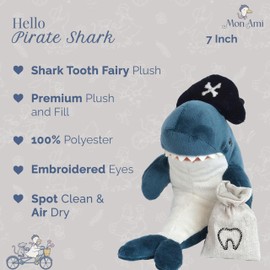 MON AMI 7-Inch Pirate Shark Stuffed Animal | Premium Tooth Fairy Plush with Pouch for All Ages | Adorable Huggable Ocean Animal Toy