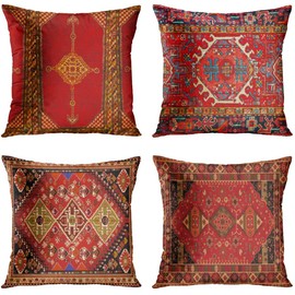 Awowee Set of 4 Cushion Covers 50x50cm/20x20inches Colorful Red Tribal Home Decor Throw Pillow Covers Square Pillowcases for Bed Sofa Couch