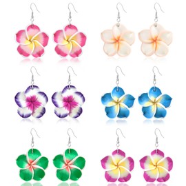 PHOGARY 6 Pairs of Colourful Flower Earrings, Plumeria Earrings Set, Gifts for Women, Hawaii Jewellery, Clay Earrings, BFF Gifts, Luau, Hawaiian, Holiday, Beach, Wedding Earrings, Hanging Hibiscus