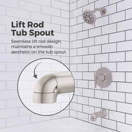 Pfister Vedra Tub & Shower Trim Kit, Valve and Cartridge Included, 1-Handle, Spot Defense Brushed Nickel Finish, 8P8WS2VEDGS