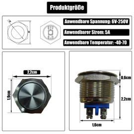 Powice 2 x 16 mm Push Button Waterproof Momentary Reset Switch Made of Stainless Steel, Push Button 5A/12V/24V/125V/250V, Suitable for Cars, Ignition Systems, Doorbells (Flat Head)