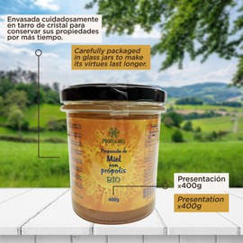Honig mit BIO-Propolis x 400 g. Propolis mit blumigem Aroma. Tausendblütenbienenhonig mit Propolis, der die Abwehrkräfte verbessert und schützende Eigenschaften hat.