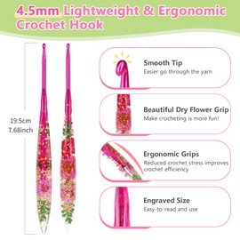Reessy 4.5mm Crochet Hooks, Aluminium Crochet Hook with Transparent Dried Flowers Handle, Ergonomic Crochet Hooks for Arthritis Hand Comfortable Crocheting-One Piece