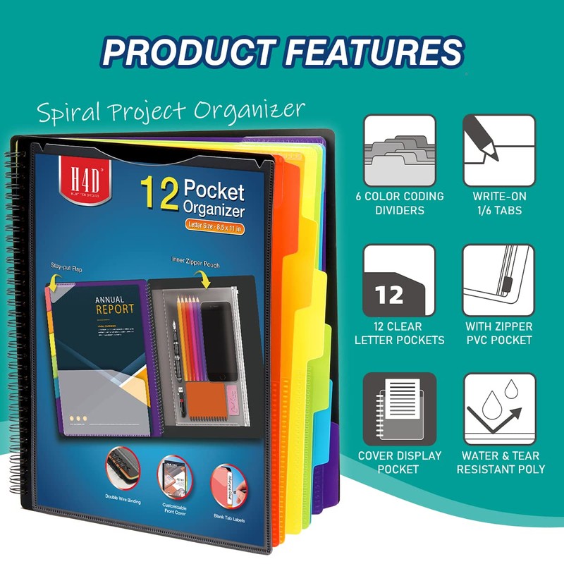 H4D 12 Pocket Poly Project Organizer, Spiral Multi Pocket Folder