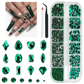 qiipii 2052Pcs Emerald Green Nail Art Rhinestones Kit Green Nail Charms Multi Shapes Crystal Flatback Rhinestones Big Gems + Round Beads Glass Stones Diamonds jewels for Nails Faces Eyes Makeup Crafts