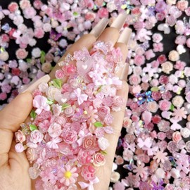 50PCS Spring Flowers Nail Charms 3D Rose Flower Nail Art Charms with Nail Pearls Cat Claw Butterfly Bow Bunny Nail Jewelry Supplies Mixed Styles Resin Summer for Women Manicure DIY Nail Decoration