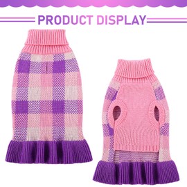 Dog Sweater Dress Plaid Knitwear for Small Medium Dogs Warm Puppy Pet Turtleneck Stretch Pullover Cute Fall Winter Vest Clothes with Leash Hole for Christmas (Purple, M)